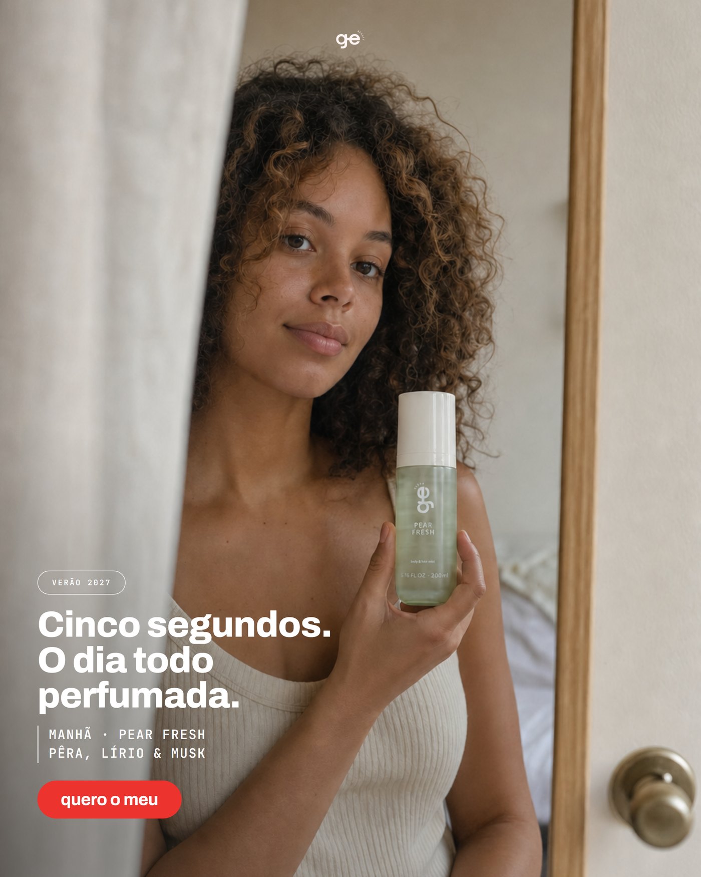 Reflexo no espelho de manhã — Cinco segundos, o dia todo perfumada, Pear Fresh