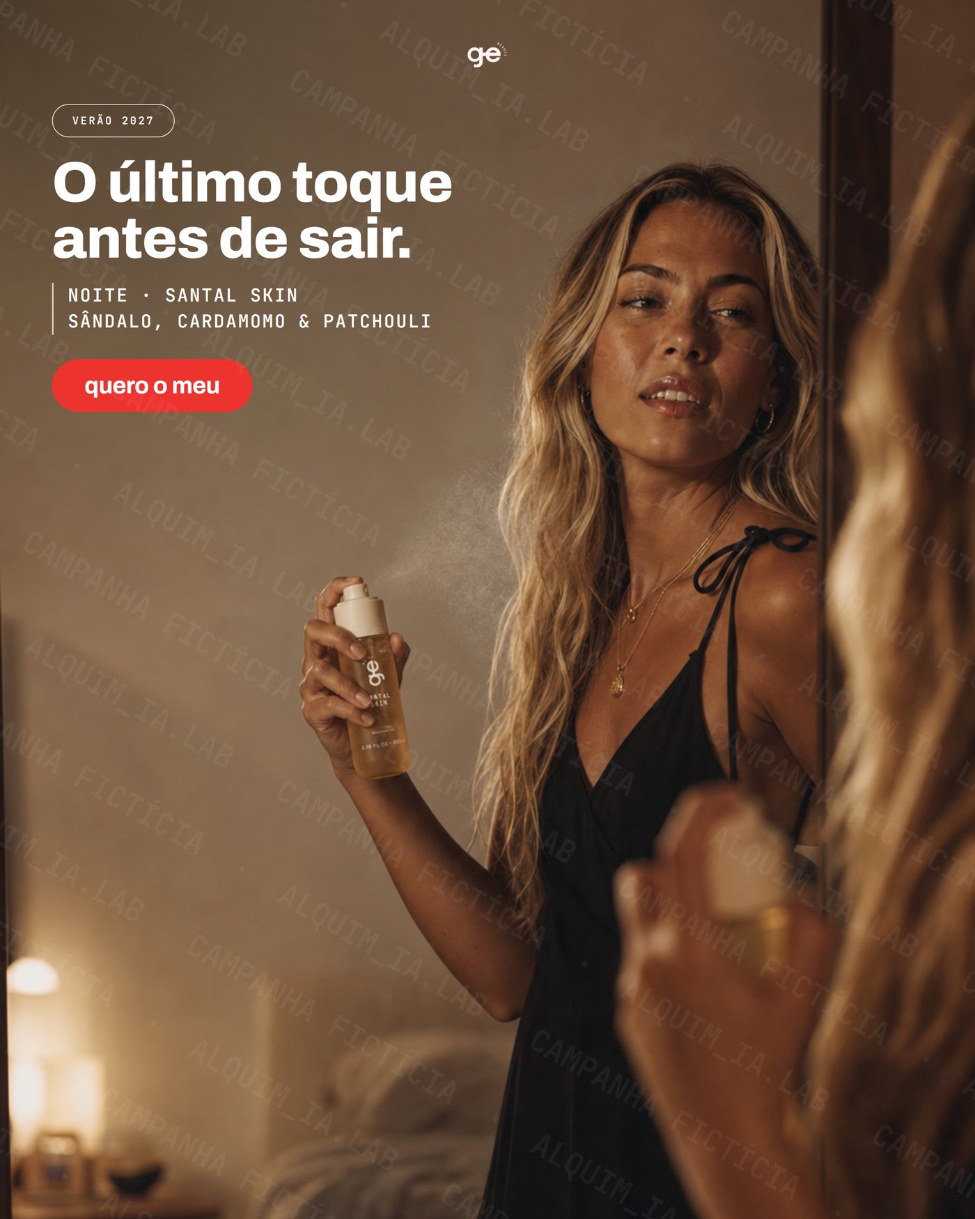 Quarto à noite, se arrumando no espelho · O último toque antes de sair, Santal Skin