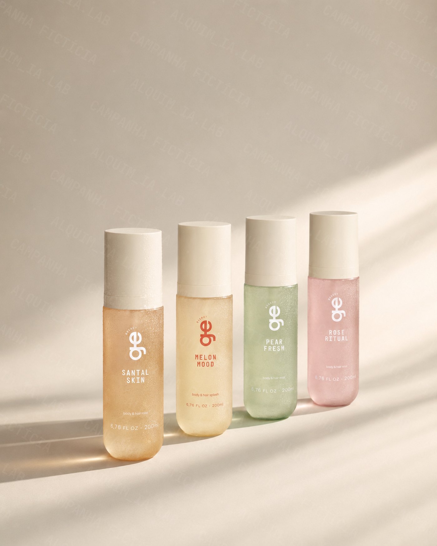 Os quatro Body & Hair Mist da GE Beauty em fila sob a luz de verão
